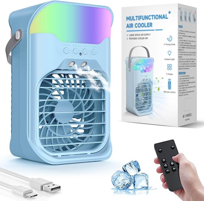 Portable Air Conditioner, 1500ML, Removable & Washable Fan Blades, Timer Function, 4 Speeds, 2 Cool Mists, 7-Color Light, Personal Evaporative Air Cooler for Home, Office, Bedroom, and Camping-Blue