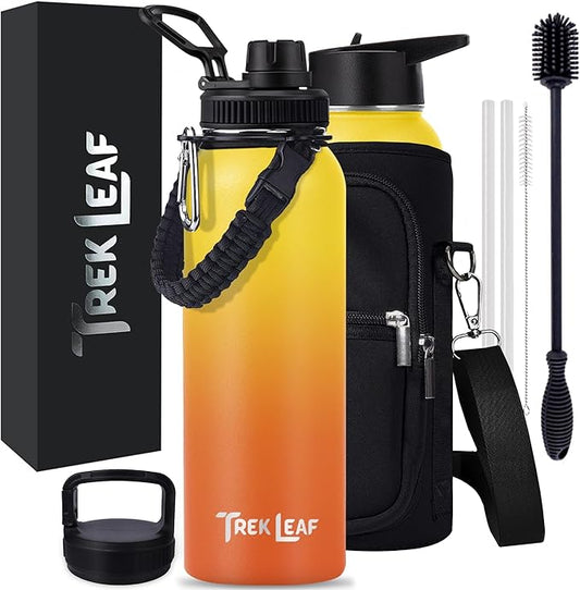 Travel Water Bottle with Carrying Bag, 3 Lids (Spout, Straw, Handle), and Bottle Brush; Leak Proof, Quality, Vacuum Insulated, Stainless Steel (Sunrise, 40 oz)