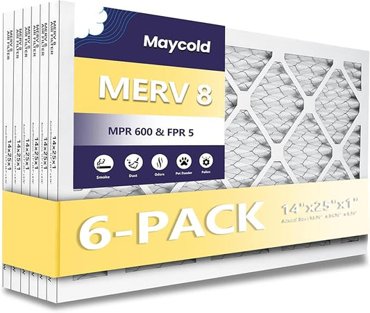 Maycold MERV 8 14x25x1 Furnace Air Filters (6-Pack), Pleated HVAC AC Filters – Actual Size 13.70” x 24.70” x 0.75”, For Residential or Office Use, Individually Wrapped in Plastic