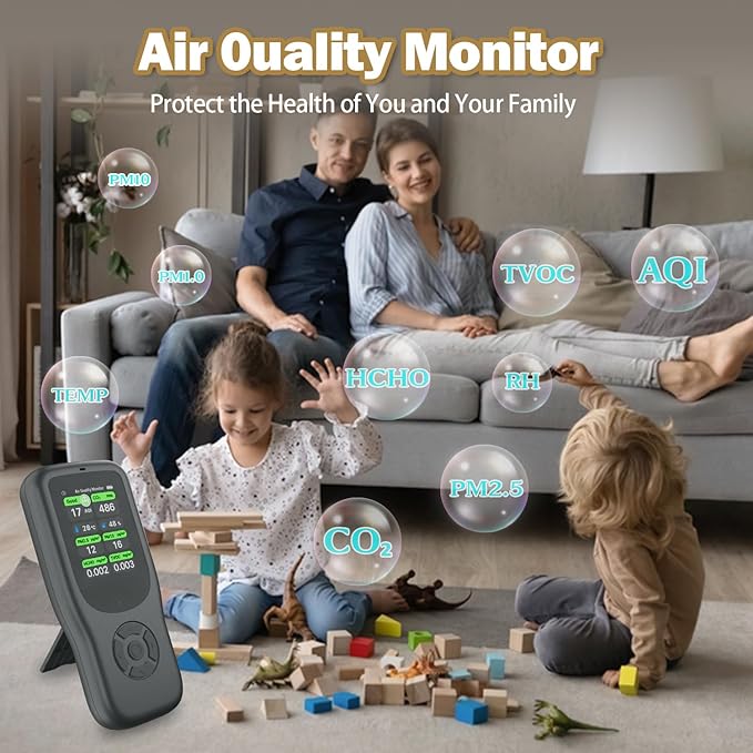 11-in-1 Air Quality Monitor - Portable Indoor Air Quality Detector with Stand, Real-Time Test for AQI, CO2, PM2.5, PM1.0, PM10, TVOC, HCHO, Particles, Temperature & Humidity with Aler (Black-Black)