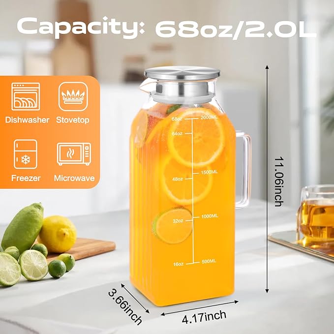 2 Liters/68oz 2 Pack Square Glass Pitcher with Lid and Handle for Bridge Door, Aofmee Borosilicate Glass Heat Resistant Dishwasher Safe Iced Tea Jar, Carafe with Scale Line for Hot/Cold Beverage