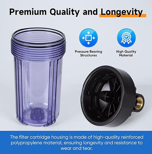 PUREPLUS 2-Stage Whole House Water Filtration System, 10" Universal Clear Housing, with Sediment, Carbon Block Filter, Reduce Chlorine, Taste, Odor, Includes Pressure Gauges, 1" Inlet/Outlet