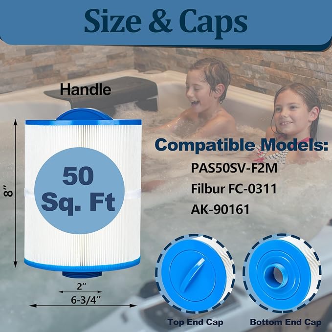 PAS50SV Hot Tub Filter Cartridge, Compatible with Artesian Spa Filter, Replaces for Unicel 6CH-502, Filbur FC-0311, PAS50SV-F2M, Baleen AK-90161, 50 sq.ft Spa Filter, 4 Pack