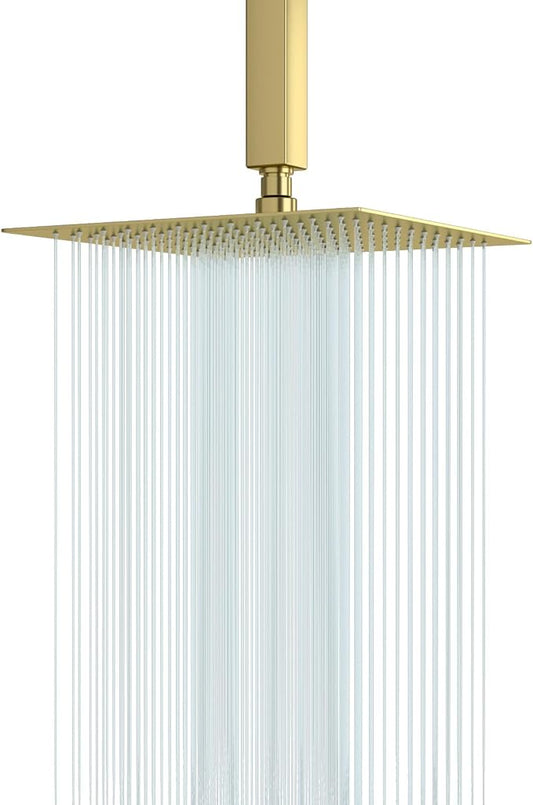 Lordear Gold Rainfall Shower Head 12 Inch Square Rain Shower Head Solid Ultra Thin 304 Stainless Steel Fixed Rainshower Head with Self Cleaning Nozzles