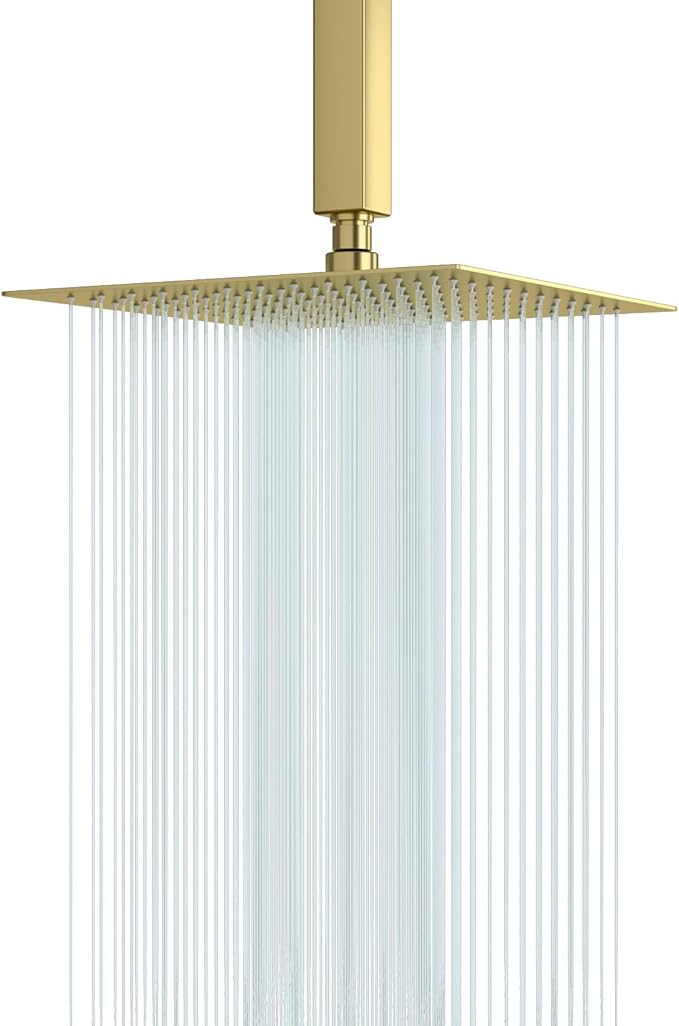 Lordear Rainfall Shower Head 10 Inch Gold Rain Shower Head Square Solid Ultra Thin 304 Stainless Steel Fixed Rainshower Head with Self Cleaning Nozzles