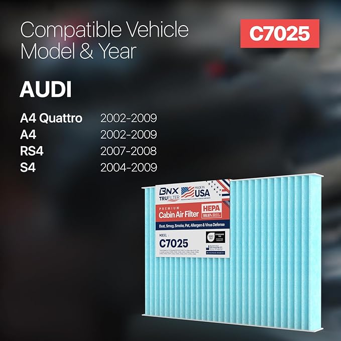 BNX TruFilter C7025 Cabin Air Filter, HEPA 99.97%, MADE IN USA, Compatible With Audi: A4, A4 Quattro, RS4, S4