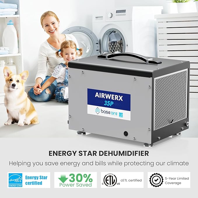 BaseAire Crawlspace Dehumidifier with Pump, Energy Star Compact Dehumidifiers for Commercial and Basement with Drain Hose, 70 PPD, Auto Defrost, GLGR Technology, Up to 1000 Sq Ft