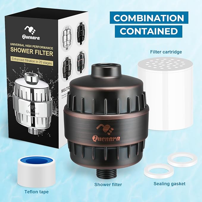 20-Stage Shower Filter, High Output Shower Head Filter for Hard Water with 2 Cartridges, Water Softener Reduces Dry Skin, Dandruff, Eczema and Improves Skin, Hair and Nails, Bronze