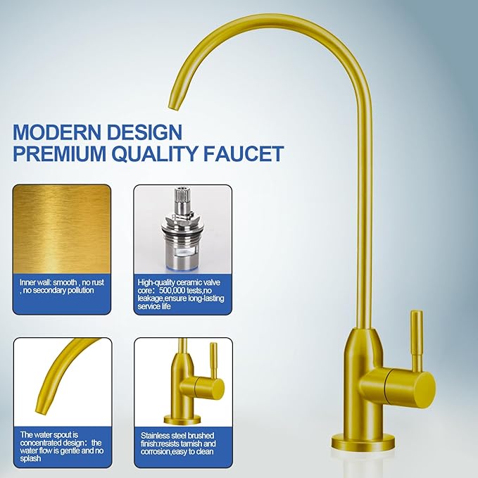 Drinking Water Faucet - Long Thread Stem Filtered Water Tap for Thick Countertop,Lead-Free RO Faucet with Hose and Quick Connect Fittings(Matte Gold)