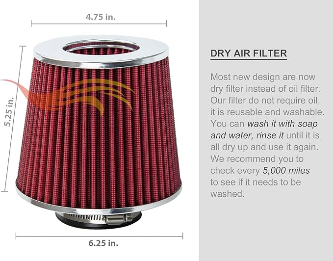 RED 2.5" 63.5 mm Inlet Cold Air Cone Replacement Quality Performance Washable Clamp-On Dry Air Filter