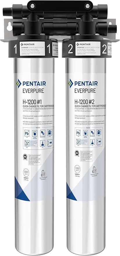 Pentair Everpure H-1200 Drinking Water System, EV928200, NSF Certified to Reduce Lead & PFOA/PFOS, Dual Cartridge System with Filter Head, Cartridges and Hardware, 1,000 Gallon Capacity, 0.5 Micron
