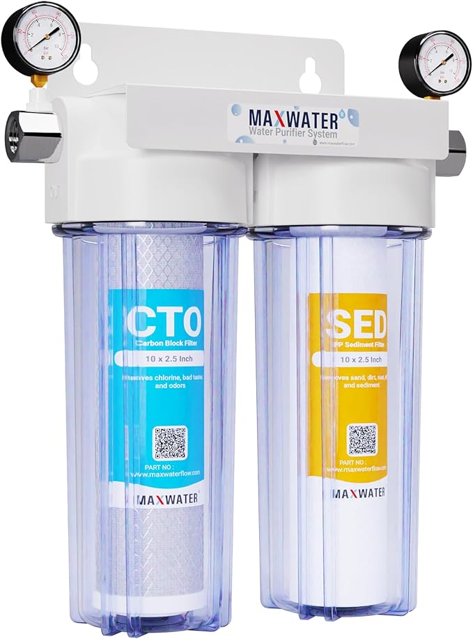 Max Water 2 Stage (Sediment, Odor & Improving Taste) Whole House 10 inch, Standard Water Filtration System with Pressure Gauge - Clear Housing - Sediment + CTO - ¾ Inlet/Outlet