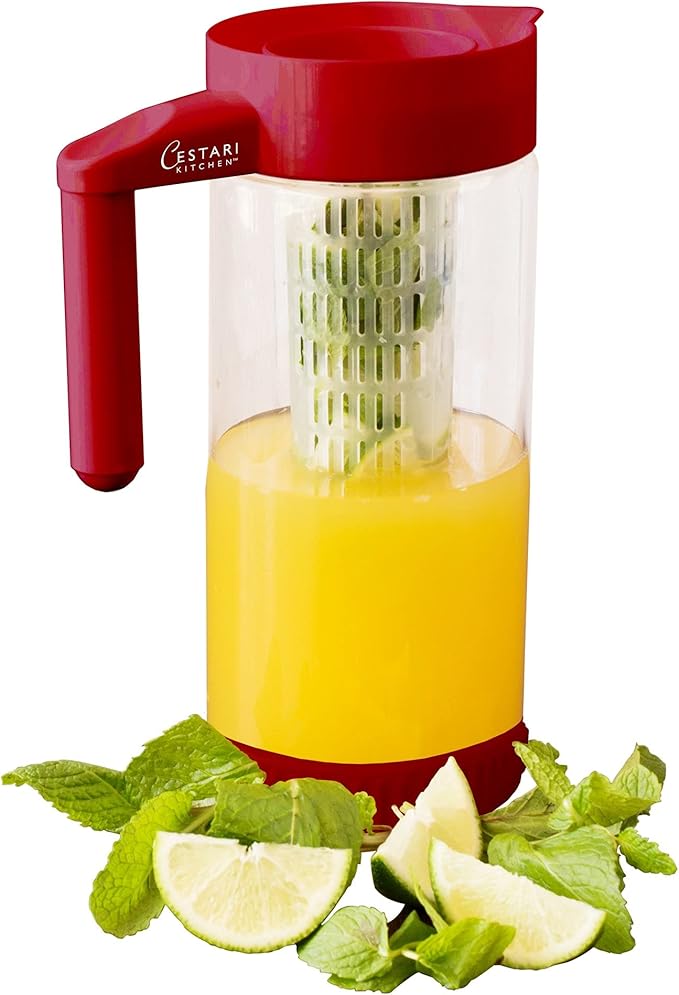 Glass Water Infusion Pitcher | BPA Free Fruit Infuser | Premium Borosilcate Glass for Hot and Cold Liquids | Infuse Iced Tea, Coffee, Water, Juice, Vodka, Tequila - Cestari Infuser, Red 44 ounces