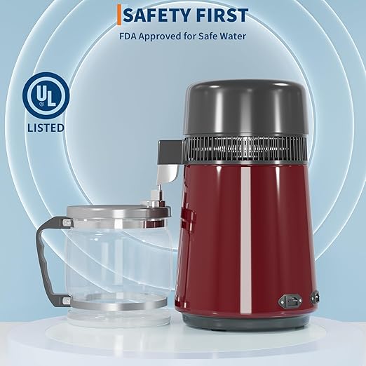 GarveeHome Water Distillers for Home Countertop, 1Gal/4L Stainless Steel Distilled Water Machine with Glass Container, 750W Desktop Drinking Purifier Filter Distilling Kit, Red
