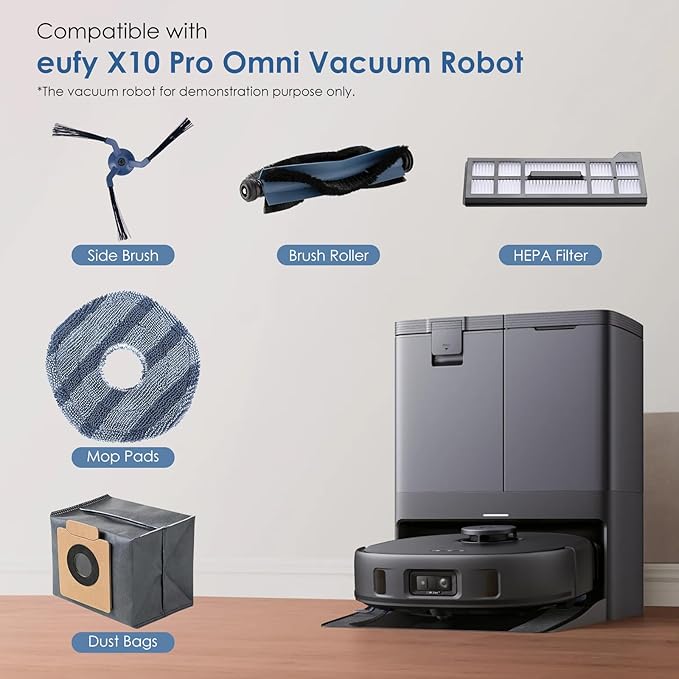 Replacement Parts Compatible with eufy X10 Pro Omni Robot Vacuums Replacement Parts, 4 Dust Bags, 4 Washable Vacuum Mop Cloths, 4 Side Brushes, 4 HEPA Filters, 1 Main Brush, X10 Pro Omni Accessories