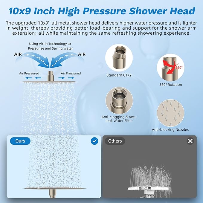 Hibbent Dual Filter All Metal 10"Rainfall Showerhead Combo, High Pressure Filter Shower Head with 10-Spray Mode Handheld, 4-way Diverter with Pause Mode, 71'' Shower Hose and Holder, Brushed Nickel