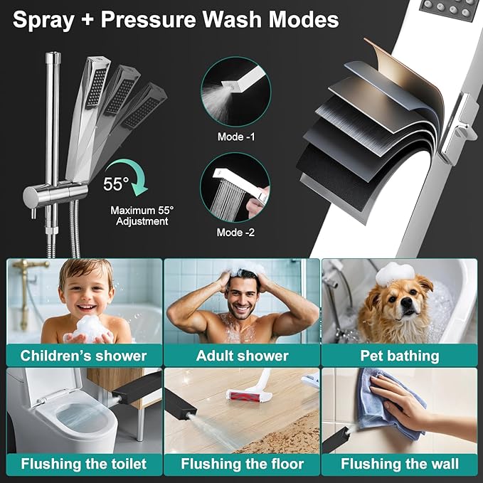 All Metal 10 Inch Rain Shower Head with Handheld Spray Combo, High Pressure Waterfall Rainfall Square Shower Heads with 16" Adjustable Extension Arm, Dual Showerhead with 3-Way Diverter, Chrome