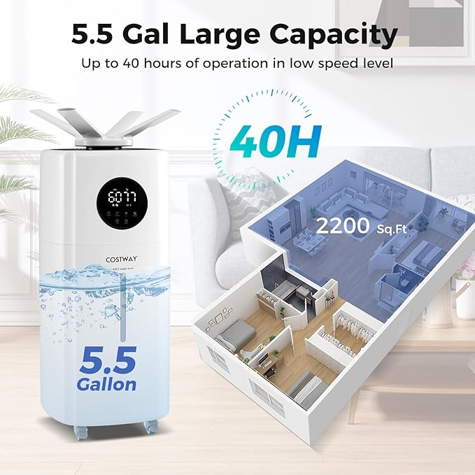 COSTWAY 21L/5Gal Humidifier for Large Room, Top Fill Whole House Humidifier, 3 Mist Levels, Extension Tube, 360° Nozzles & Remote Control for Bedroom, Plants