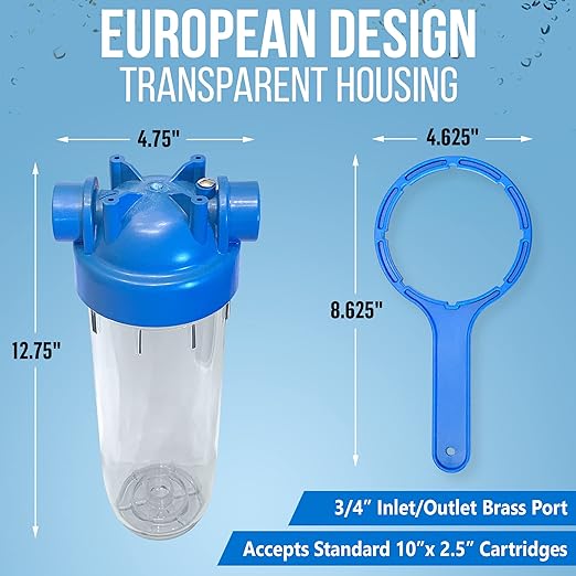10 Inches European Design Transparent Standard Whole House Water Filter System with Presser Relief Valve, 3/4” Inlet/Outlet Brass Port and Yearly Supply (4) Wound Spring Sediment Cartridges 5 Micron