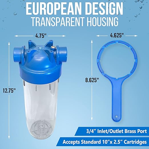 10 Inches European Design Transparent Standard Whole House Water Filter System with Presser Relief Valve, 3/4” Inlet/Outlet Brass Port and Yearly Supply (4) Sediment Cartridges 5 Micron