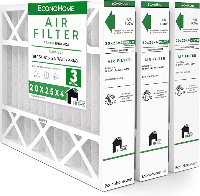 EconoHome 20x25x4 AC Furnace Pleated Air Filter MERV 11 Replacement – Allergen Defense, 3 Pack, Fits Lennox (X6673), Honeywell (FC100A1037) filters. (Actual size: 19.94 x 24.86 x 4.36 Inches)