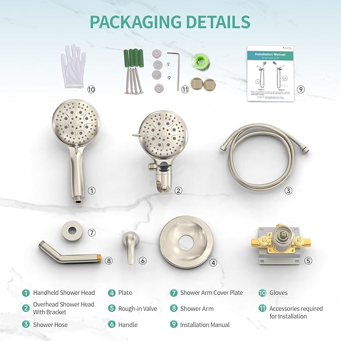 SR SUN RISE Shower System with Handheld Shower and Rain Shower Combo Set High Pressure 5-spray Dual 2 in 1 Shower Faucet Patented 3-way Diverter Brushed Nickel (Valve Include）