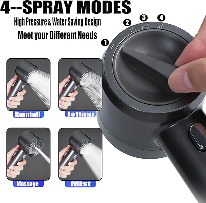 High Pressure Shower Head with Handheld, with Pause Switch 4 Spray Modes Water Saving Filter Showerhead, Showerhead Set with Hose, Bracket and Cotton Filter, Make Bathing Healthier (Grey)