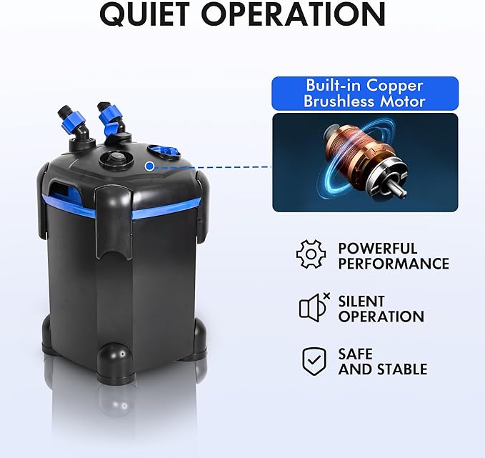 AMOSIJOY 225GPH Ultra-Quiet Canister Filter, 2-Stage External Aquarium Filter with Free Media for Large Fish Tanks and Aquariums