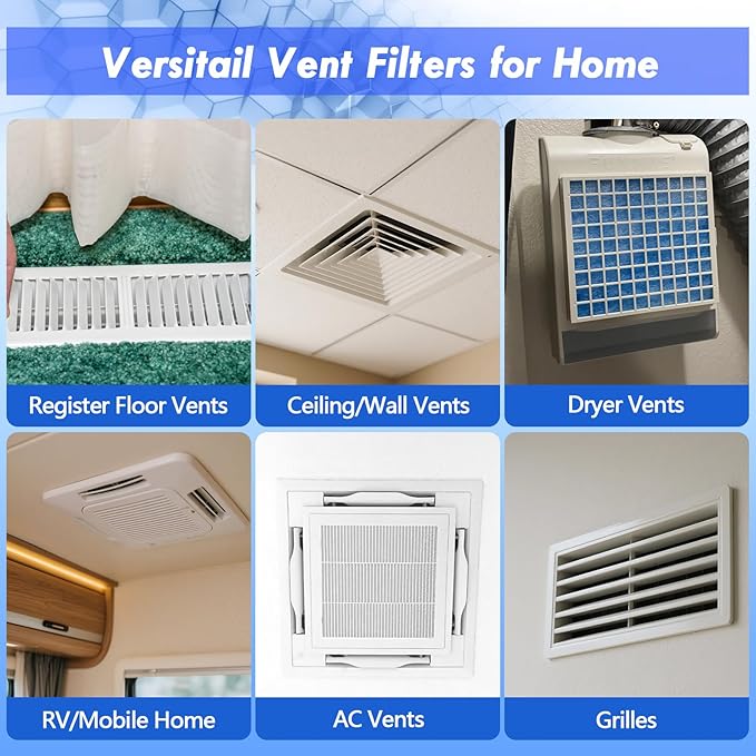 Air Vent Filter Kit - 20" x 100" Cut to Fit Air Filter Materials MERV 8 Electrostatic Media Roll for Home Floor, Ceiling, AC, HVAC, RVC Furnace Vents, With 48PCs Adhesive Hook Tape