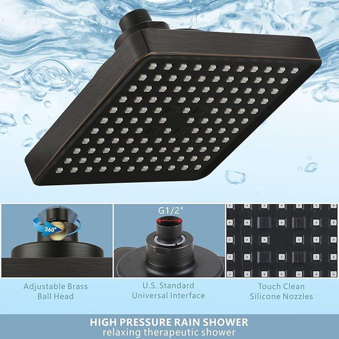 High Pressure Rain Shower Head with Filtered - 6" Square Showerhead Filter for Remove Chlorine and Harmful Substances, Improve Hair and Skin Problems, Oil Rubbed Bronze