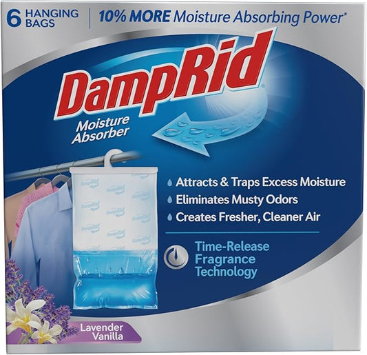 DampRid Lavender Vanilla Hanging Moisture Absorber, 15.4 oz., 6 Pack - Eliminates Musty Odors for Fresher, Cleaner Air, Ideal Moisture Absorbers for Closet, 10% More Moisture Absorbing Power*