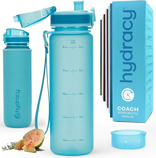 Hydracy Water Bottle with Time Marker -Large BPA Free Water Bottle & No Sweat Sleeve -Leak Proof Gym Bottle with Fruit Infuser Strainer & Times to Drink -Ideal for Fitness Sports & Outdoors