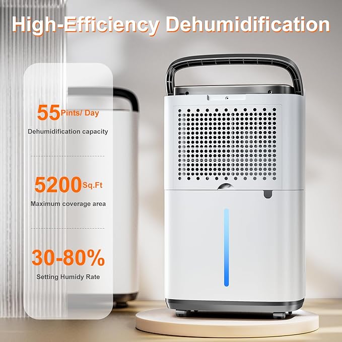 55 Pint/Day Dehumidifier- 5200 Sq. Ft. Large Dehumidifiers with Hose for Large Basement Rooms - Dehu/Dry/Air Mode Smart - Humidity Control with Pump, Child Lock, LED Display, Timer