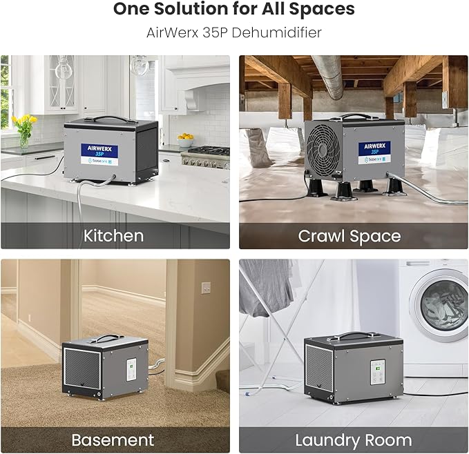 BaseAire Crawlspace Dehumidifier with Pump, Energy Star Compact Dehumidifiers for Commercial and Basement with Drain Hose, 70 PPD, Auto Defrost, GLGR Technology, Up to 1000 Sq Ft