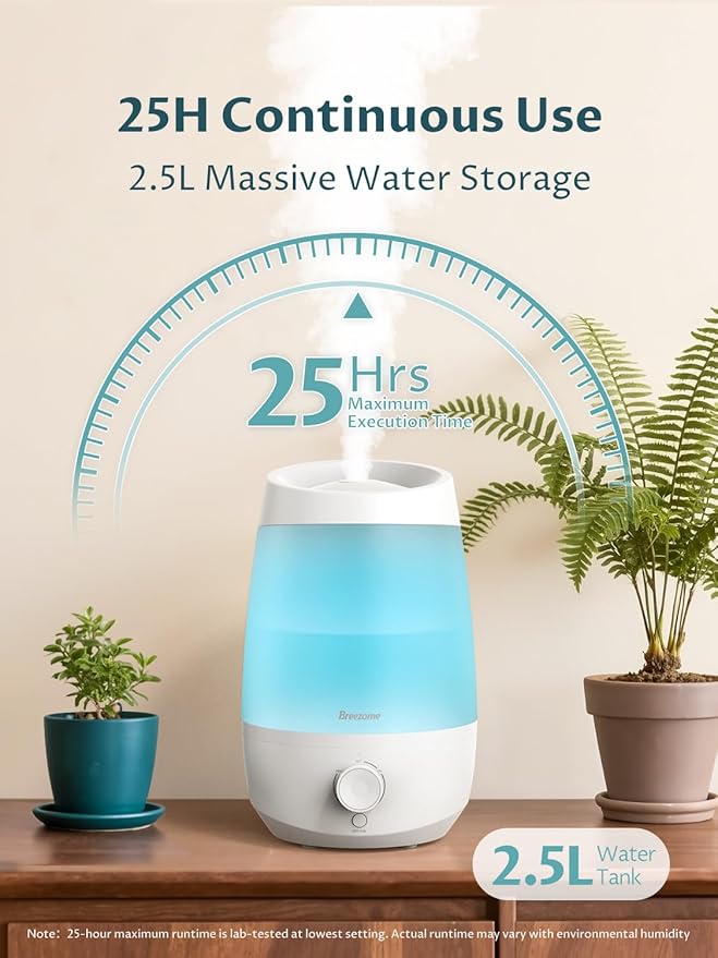 BREEZOME Humidifiers for Bedroom, 2.5L Humidifiers for home, 250ml/h Mist Output, 25hrs Essential Oil Diffuser, Auto Shut-Off, 25dB Ultra-Quiet Operation for Nurseries and Indoor Plants, White