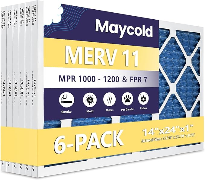 Maycold 14x24x1 MERV 11 Furnace Air Filter (6-Pack), High-Performance HVAC AC Filters for Home Use, Actual Size: 13.70” x 23.70” x 0.75”, Individually Wrapped in Plastic