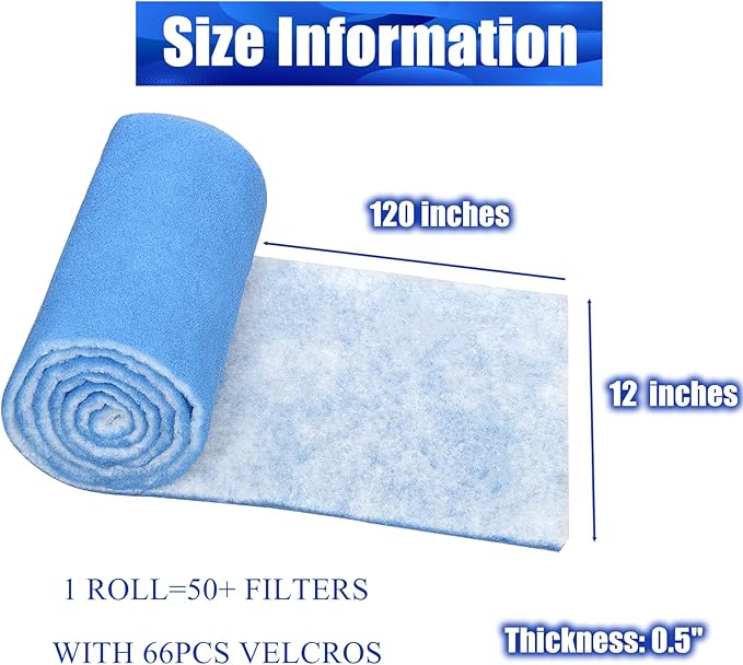 Air Vent Filters Roll, 12" x 120" Cut to Size Air Filters with 66PCS Velcros(50+ Filters), MERV 8 Triple Filtration Vent Filter Material for Home Floor, Ceiling, HVAC, AC, Grilles (12x120 inch)