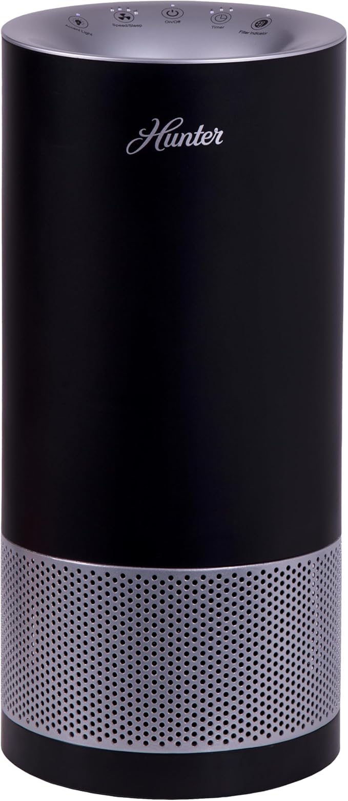 Hunter HP400 Round Air Purifiers for Home, True HEPA Air Purifier Tower for Pets, Odors, Allergens, Smoke, Dust, VOC's. HEPA Air Purifiers for Bedroom and Small Room. Black and Silver