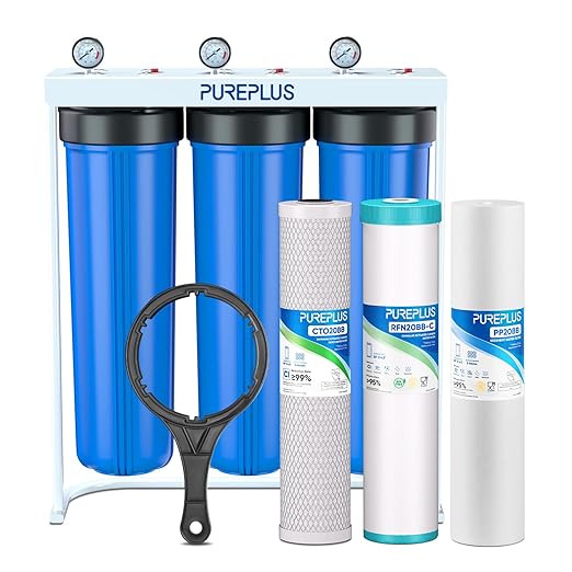 PUREPLUS 20-Inch 3-Stage Whole House Water Filter, Home Filtration System | Sediment, Granular Activated Carbon, Carbon Block Filters | Built-in Pressure Gauges, with Steel Stand Frame