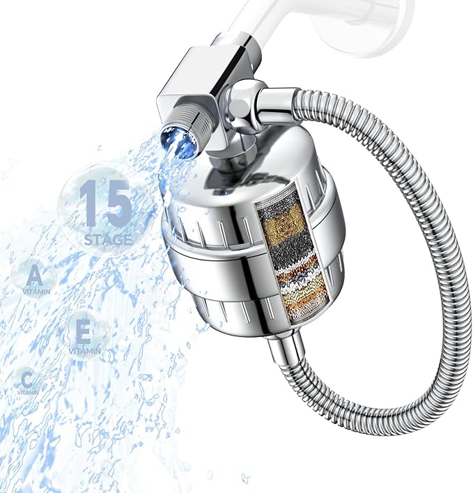 Universal 15 Stage Shower Head Filter for Hard Water, Dual ShowerHead Simultaneously Filtering, Suitable Majority Rain Rainfall Shower Head Combo, Easy Install - Polished Chrome