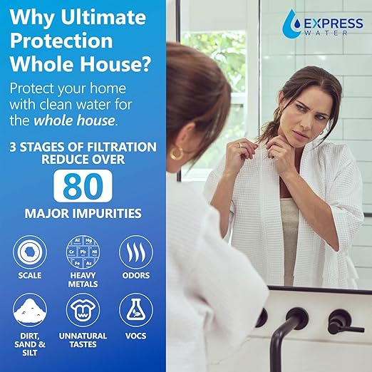 Whole House Water Filter System| ULTIMATE PROTECTION | 3 Stage Water Purifier Whole Home, Top-Tier Heavy Metal + Anti-Scale Filters, High Reduction in Scale, Chloramine, Chlorine, PFAs, Lead, Arsenic