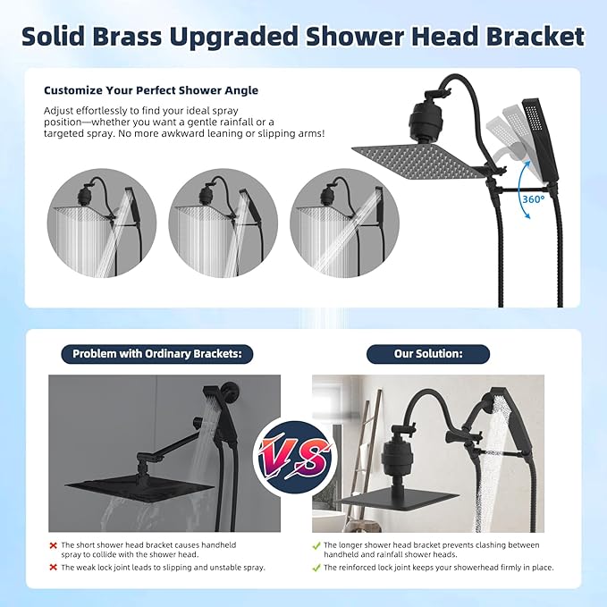 Hibbent All Metal 10'' Filtered Rainfall Shower Head Combo, High Pressure Handheld Shower Wand, 12'' Adjustable Extension Arm, 20 Stage Shower Filter, 71'' Hose, Shower Head Holders, Matte Black