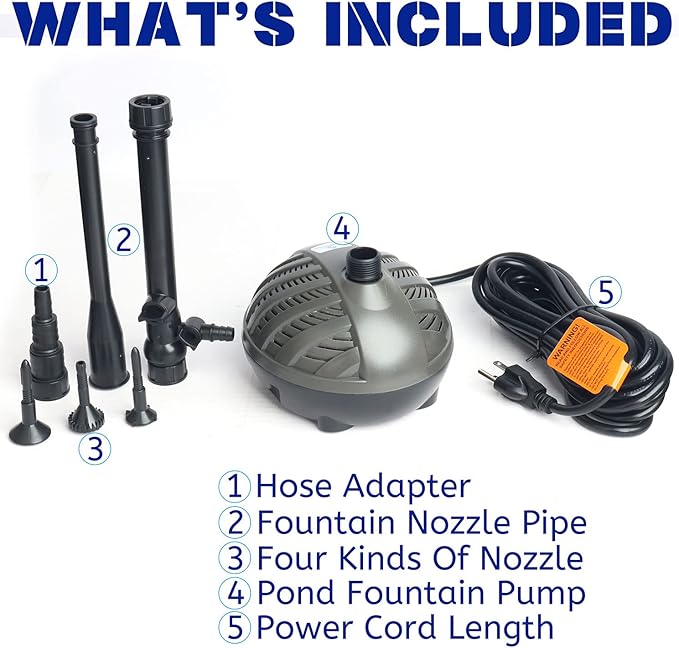 WaterRebirth HSP1600N Versatile Submersible Pump with Fountain Jets - for Aquariums, Ponds, Fountains, Turtle Tanks - 396GPH