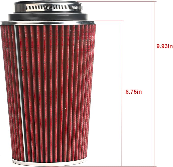 Universal Clamp-On Air Filter Fits 3 In /3.5 In /4 In Three Different Size, Height: 8.75 In, Base: 6 In, Top: 4.75 In, High Flow Round Tapered Washable For Car and Motorcycle