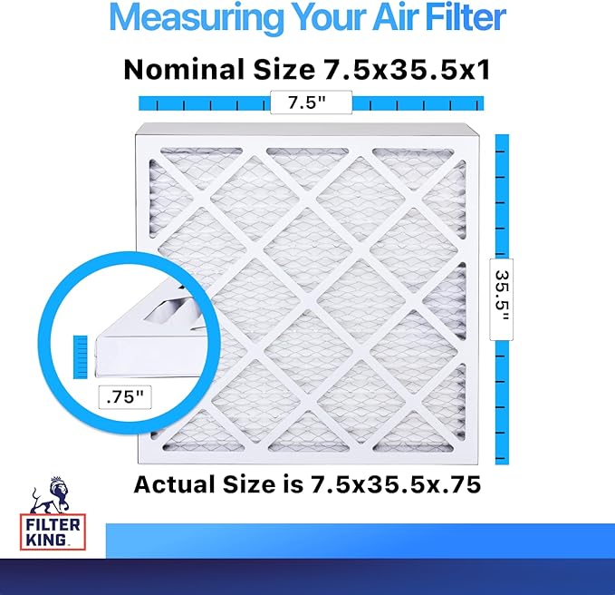 Filter King 7.5x35.5x1 Air Filter | 4-PACK | MERV 8 HVAC Pleated A/C Furnace Filters | MADE IN USA | Actual Size: 7.5 x 35.5 x .75"