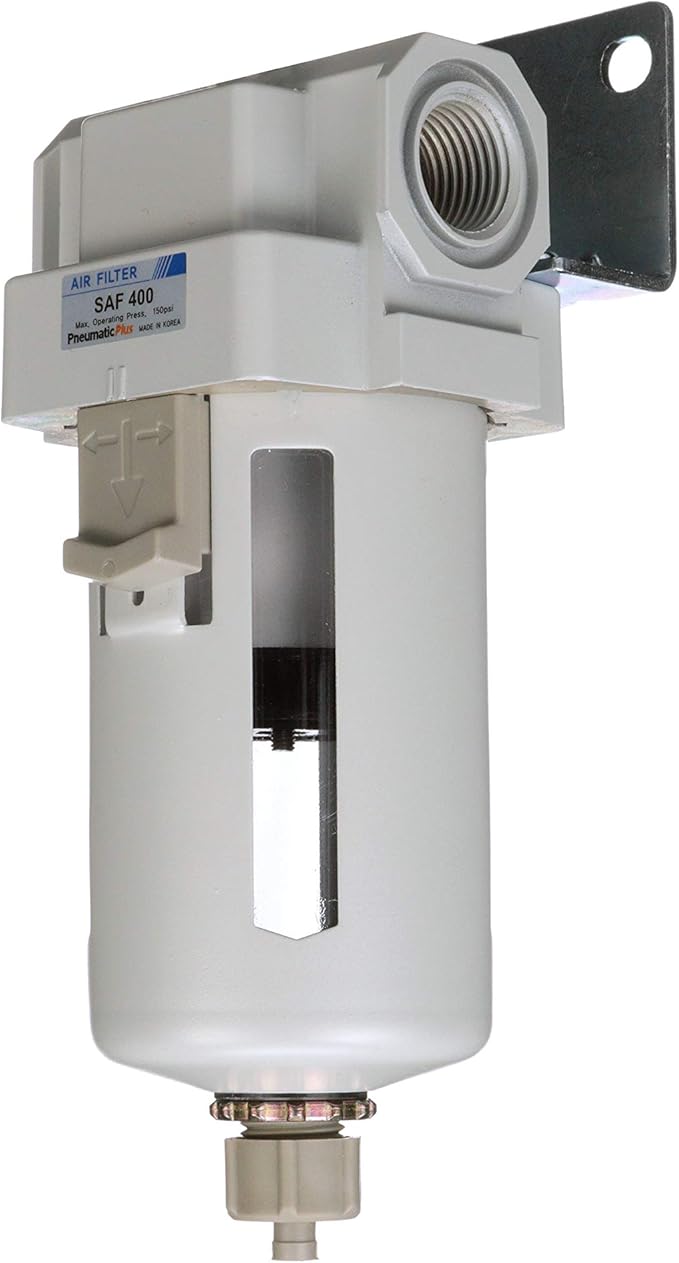 PneumaticPlus SAF400-N04B Compressed Air Particulate Filter 1/2" NPT, 10 Micron Element, Poly Bowl, Manual Drain, Bracket