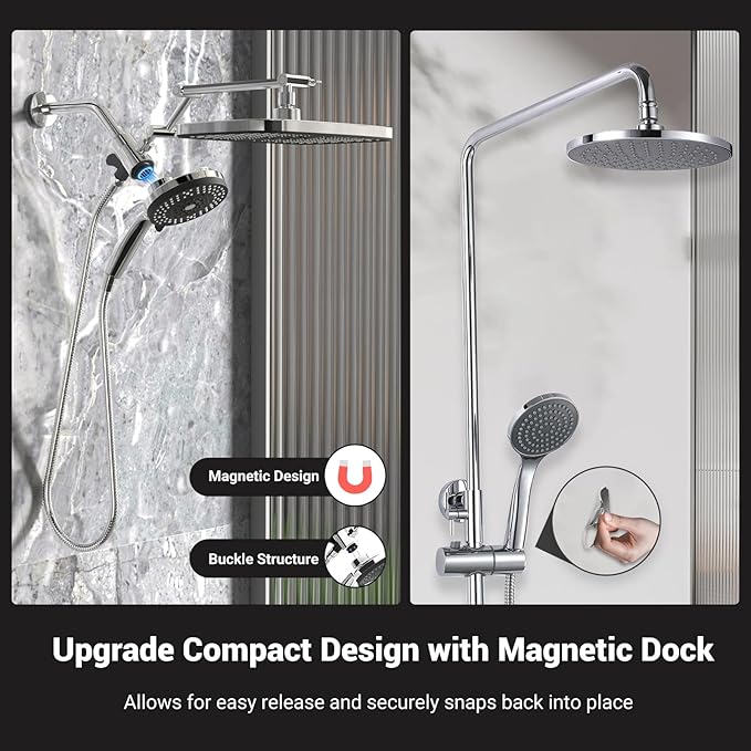 High Pressure Rain Shower Head with Handheld Spray Combo,10 Sprays Handheld Shower Head, Detachable Shower head Built-in Magnetic Docking and Power Jets (Chrome)