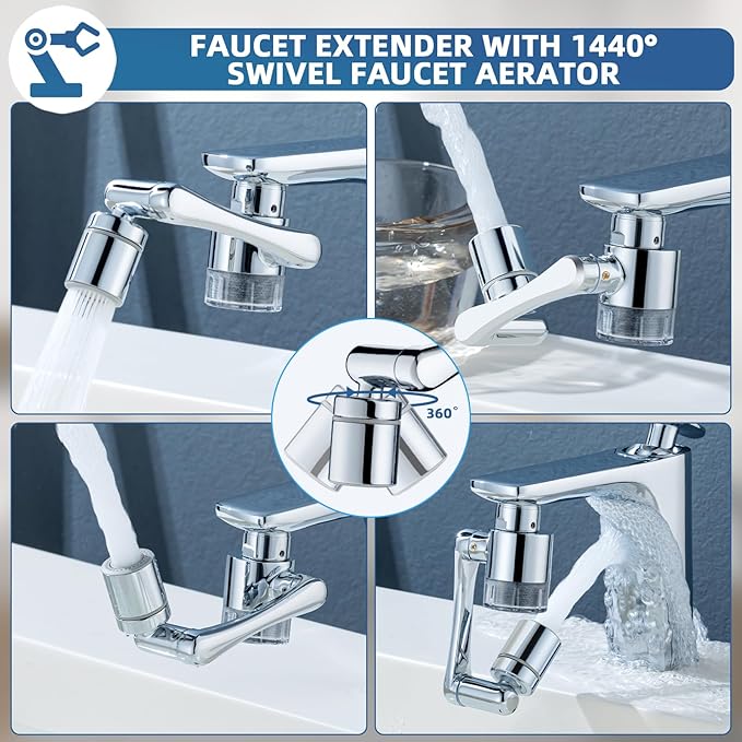 1080°Swivel Filter Faucet Extender Aerator - 8 Pcs Replacement Water Filter, 1080°+360°Rotating Robotic Arm 2 Mode Splash Filter, Solid Brass Faucet Sprayer Universal For Bathroom Kitchen Laundry Sink