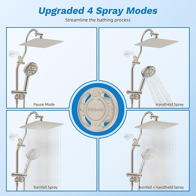 Hibbent Upgraded All Metal 10"Rainfall Showerhead Combo, High Pressure Shower Head with 10-Spray Mode Handheld, Innovative 4-way Diverter with Pause Mode, 71'' Shower Hose & Holder, Brushed Nickel