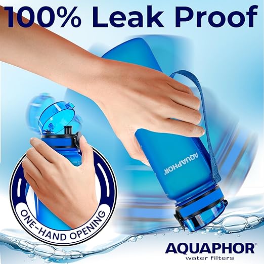 Nakii Filtered Water Bottle, Leakproof, BPA-Free, Motivational Markings, Travel, Everyday Use. 40-Gallon Filter, Replaces 300 Plastic Water Bottles. Includes 1 Filter, 22 FL Oz, Blue by Aquaphor